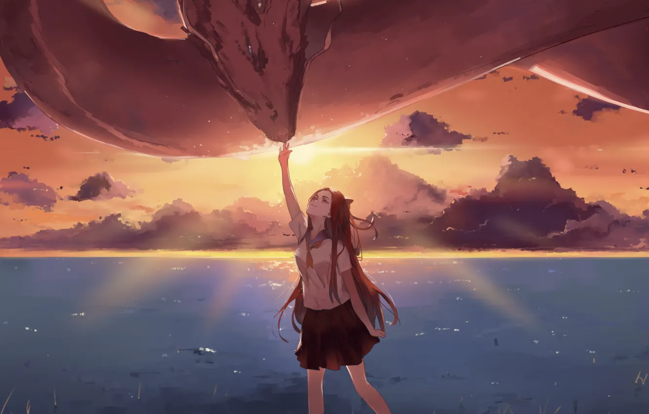 Photo wallpaper fantasy, dragon, horizon, red, schoolgirl, long hair, in the water, in the sky