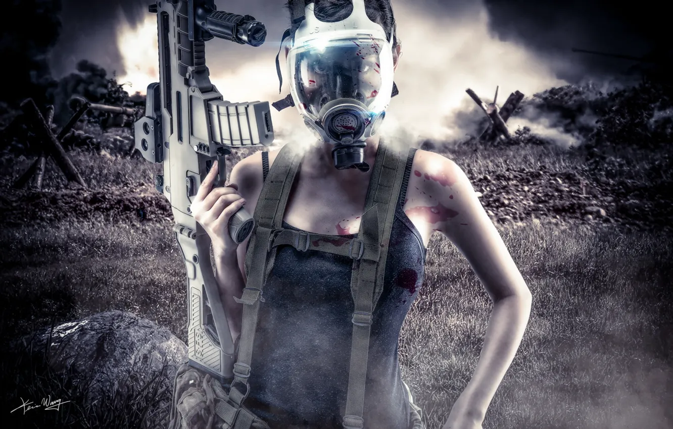 Photo wallpaper girl, machine, gas mask