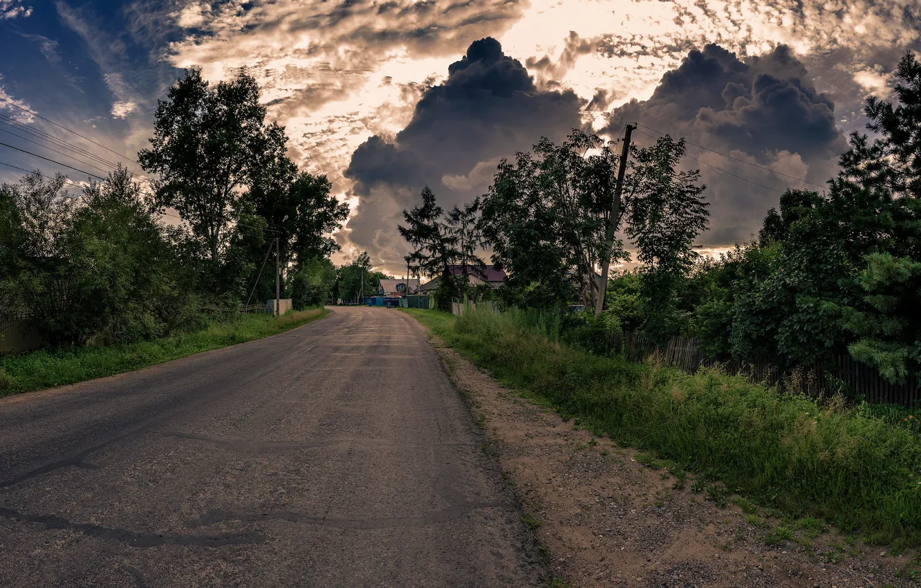 Photo wallpaper road, clouds, village