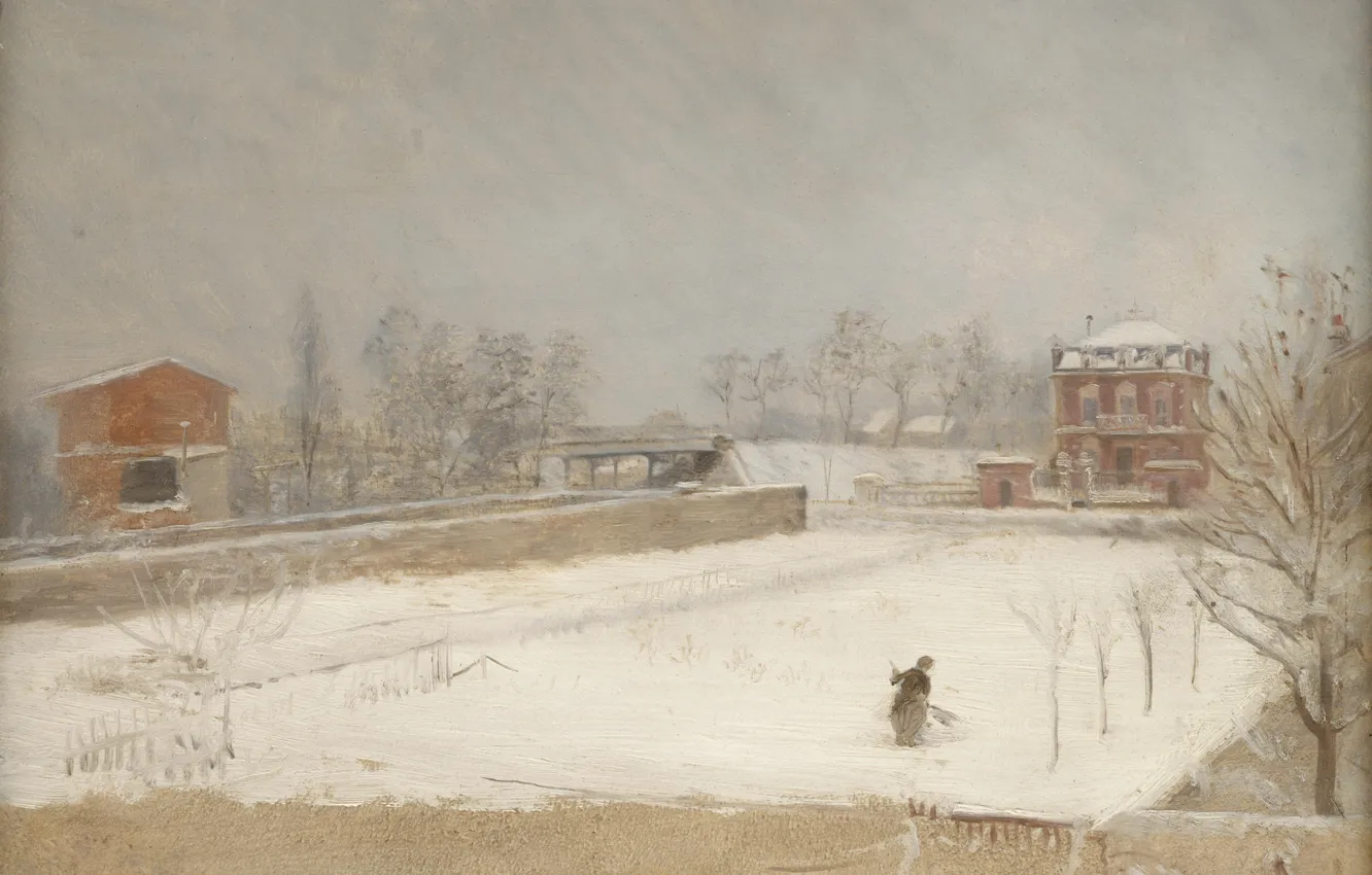 Photo wallpaper snow, house, picture, Winter landscape, Giuseppe De Nittis, Giuseppe De Nittis