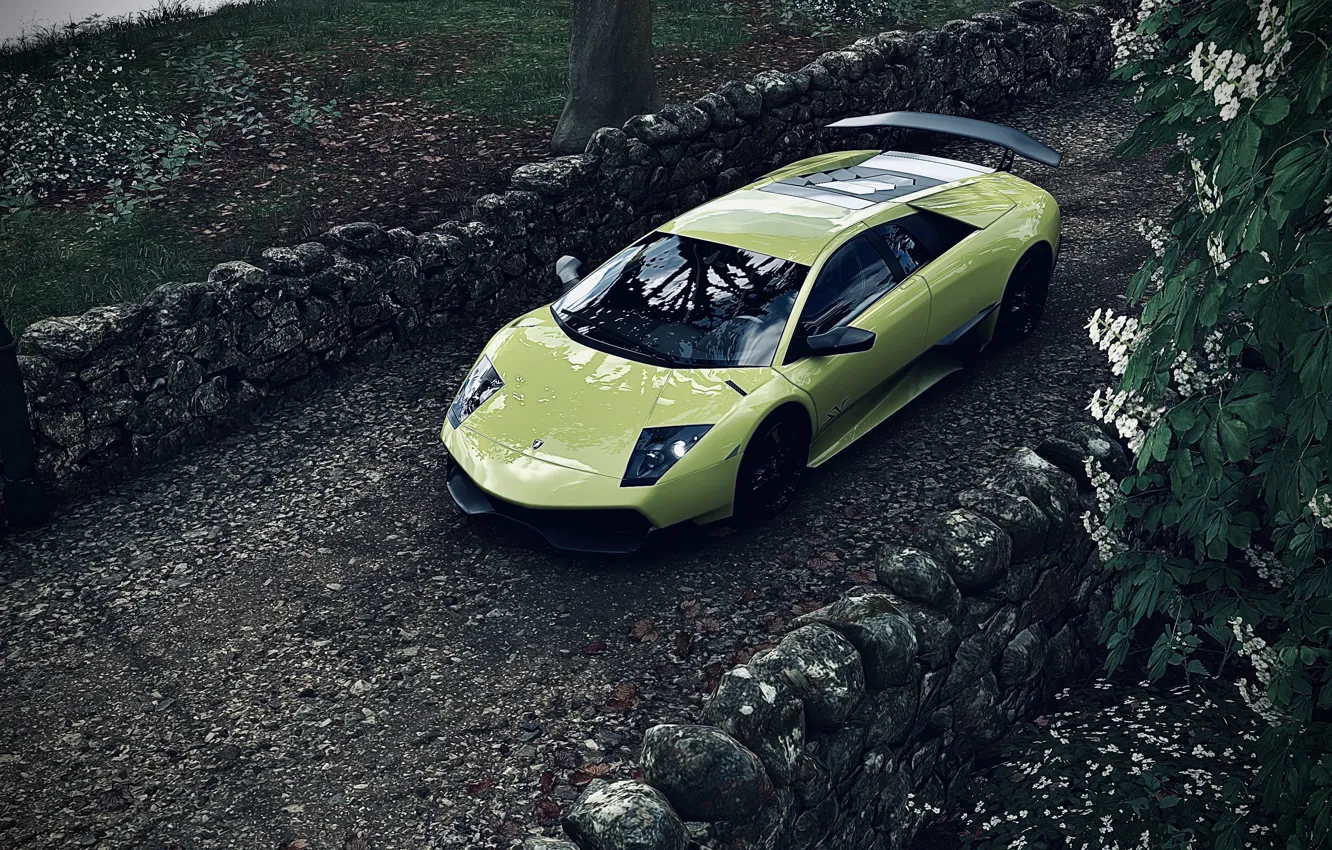 Photo wallpaper HDR, Lamborghini, wall, game, murcielago, tree, gravel, UHD