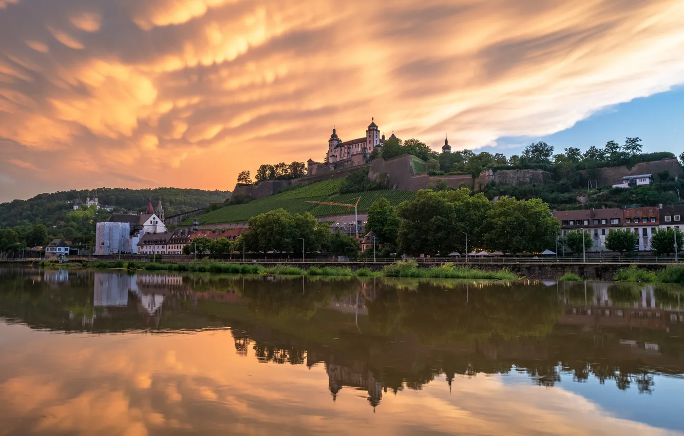 Photo wallpaper Clouds, Home, Germany, River, Würzburg