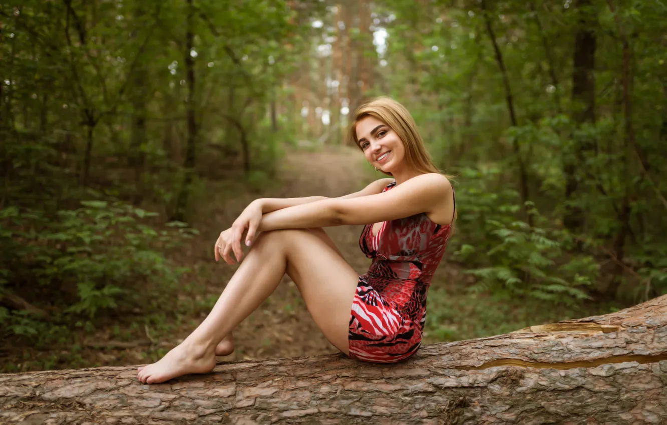 Photo wallpaper girl, sexy, forest, cleavage, long hair, dress, trees, boobs