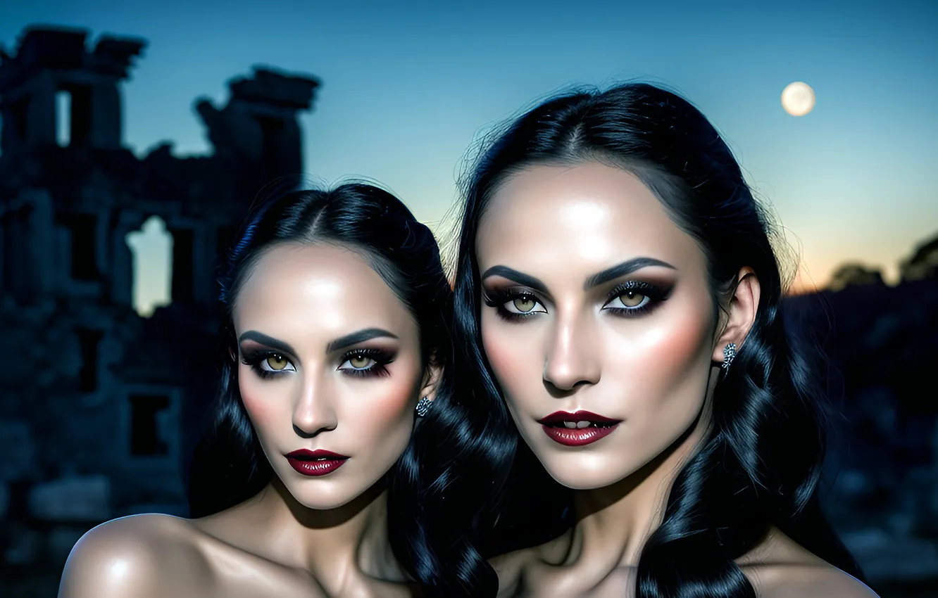 Photo wallpaper look, girl, night, face, the moon, woman, fantasy, vampire