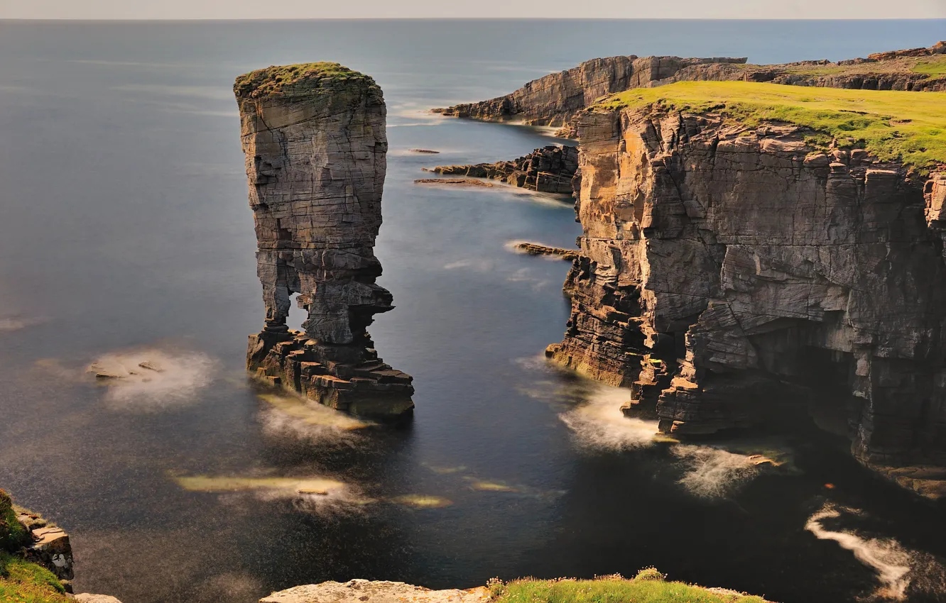 Photo wallpaper sea, the sun, the ocean, rocks, shore, height, horizon, Scotland