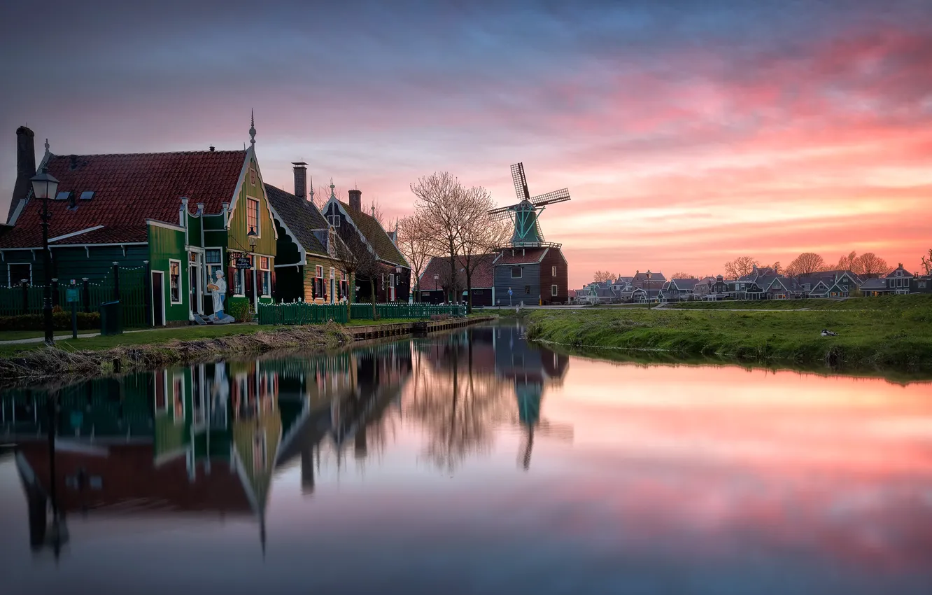 Photo wallpaper sunset, house, reflection, mill, Netherlands
