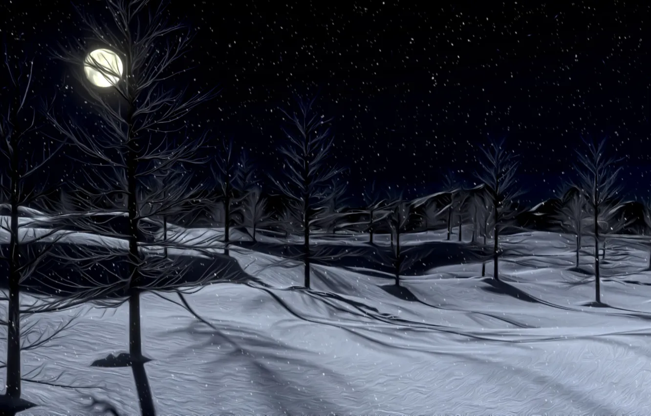 Photo wallpaper winter, snow, night, rendering, the moon, silence, frost, shadows