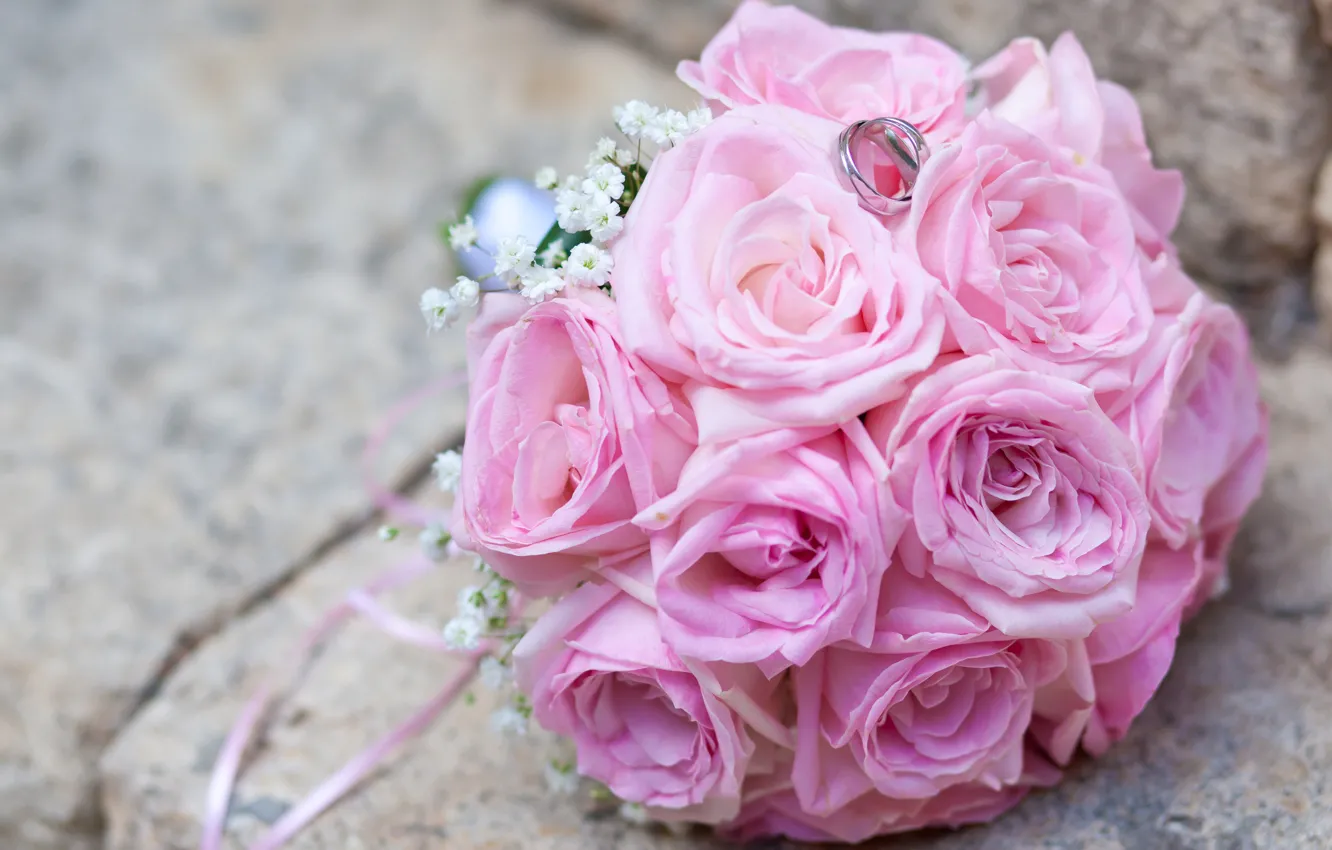 Photo wallpaper gentle, roses, bouquet, ring, pink, wedding, wedding, rings