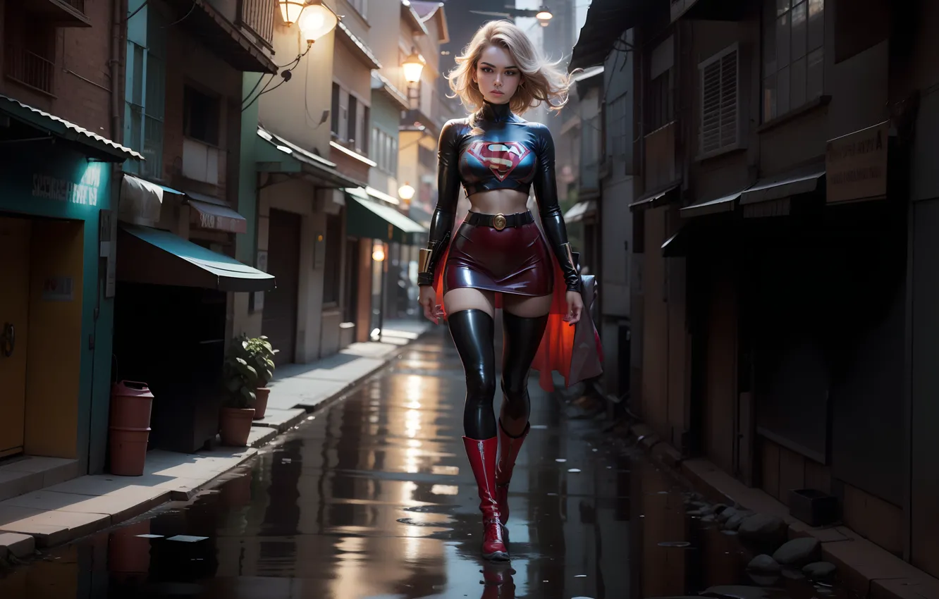 Photo wallpaper girl, sexy, legs, blonde, Supergirl, boots, Kara Zor-El, latex clothes