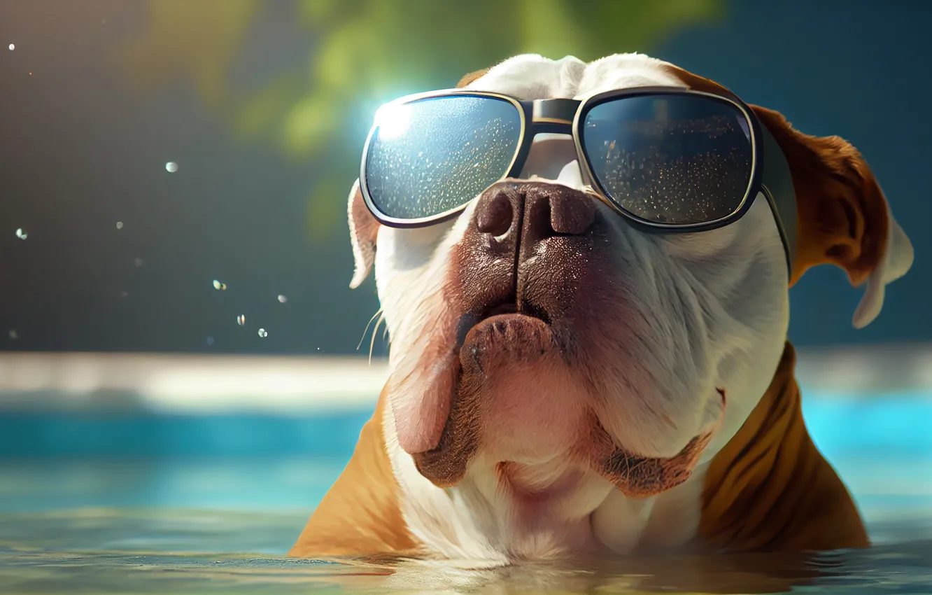 Photo wallpaper look, face, water, dog, nose, bulldog, digital art, sunglasses