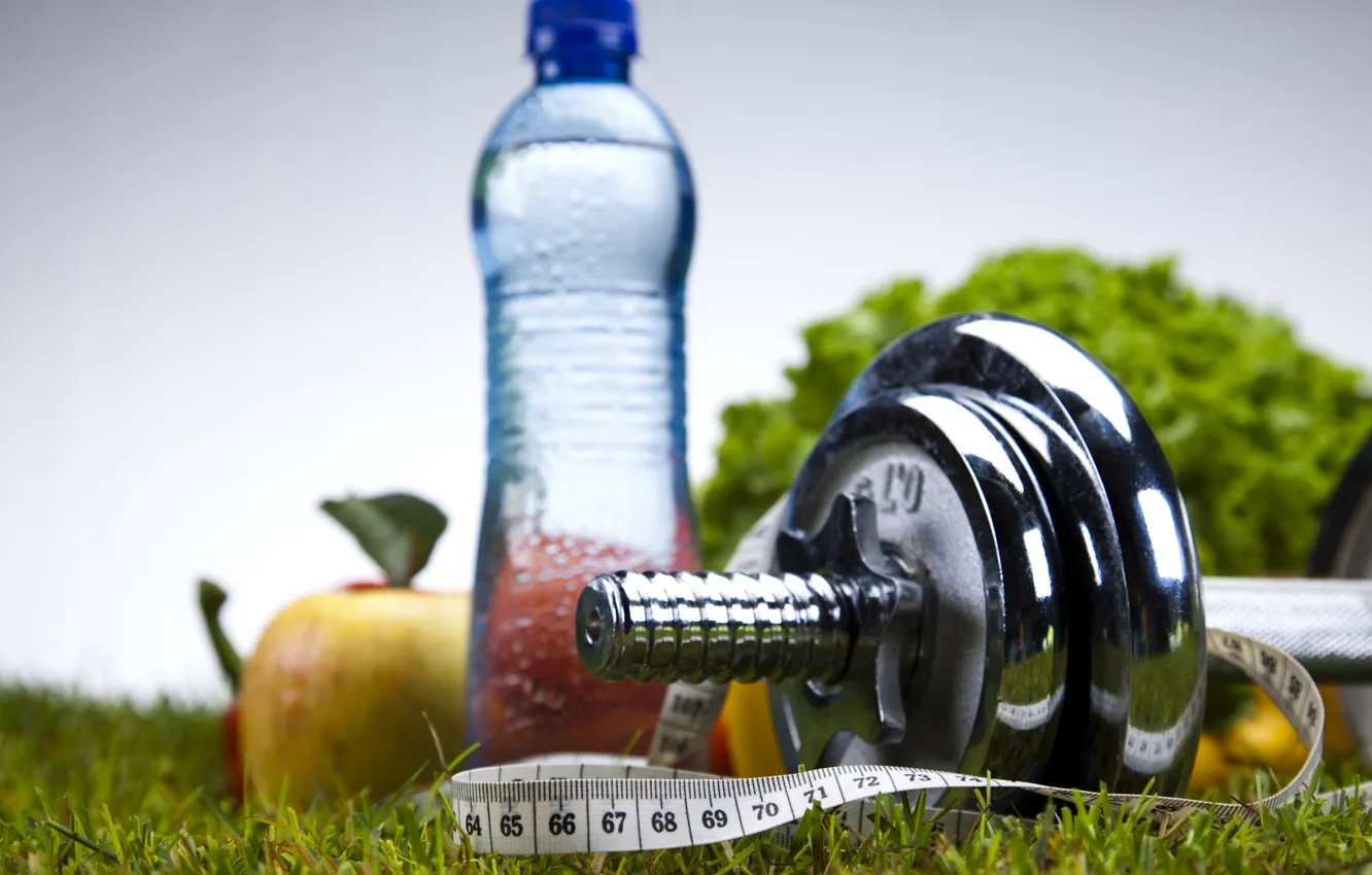 Photo wallpaper water, sport, apples, bottle, fitness, dumbbell