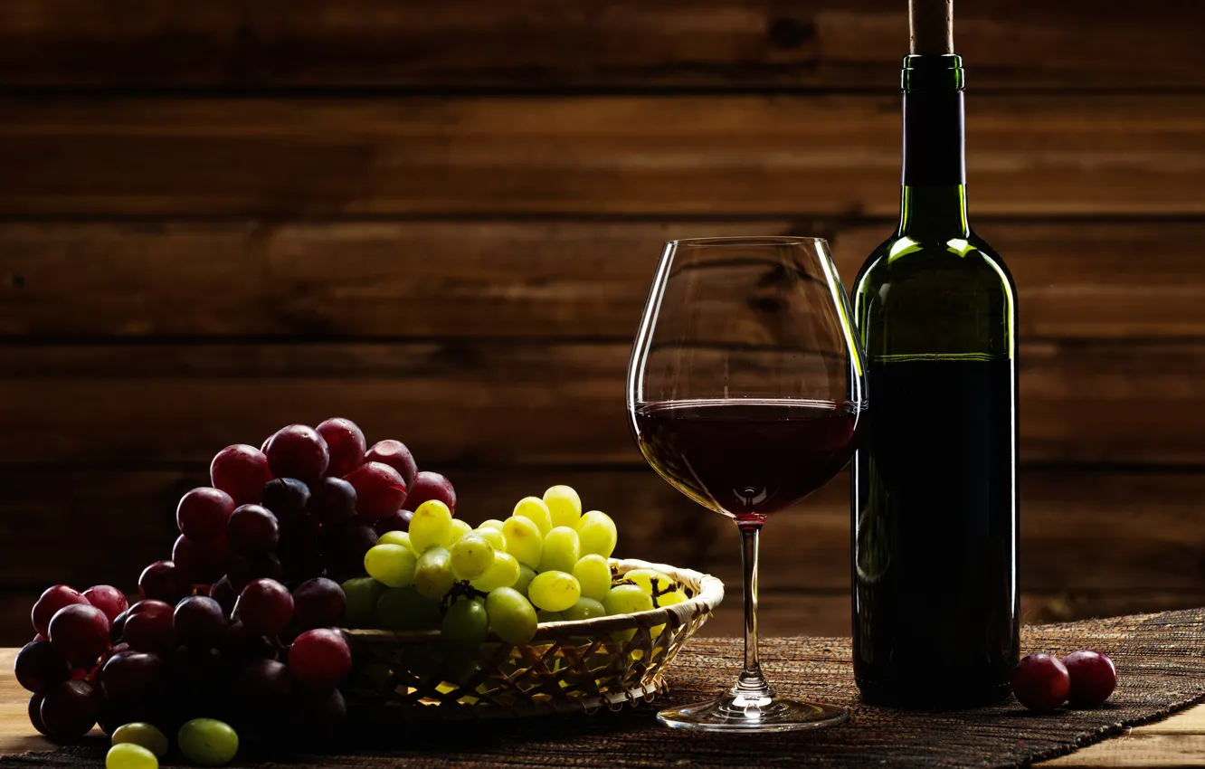 Photo wallpaper table, background, wine, glass, bottle, grapes, tube, bokeh