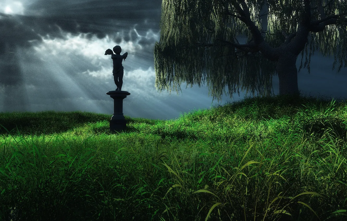 Photo wallpaper grass, tree, angel, statue
