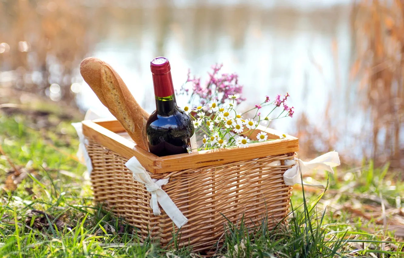 Photo wallpaper red, nature, wine, basket, bottle, chamomile, picnic, baguette