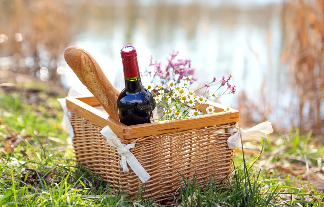 Photo wallpaper nature, wine, red, basket, bottle, chamomile, picnic, baguette