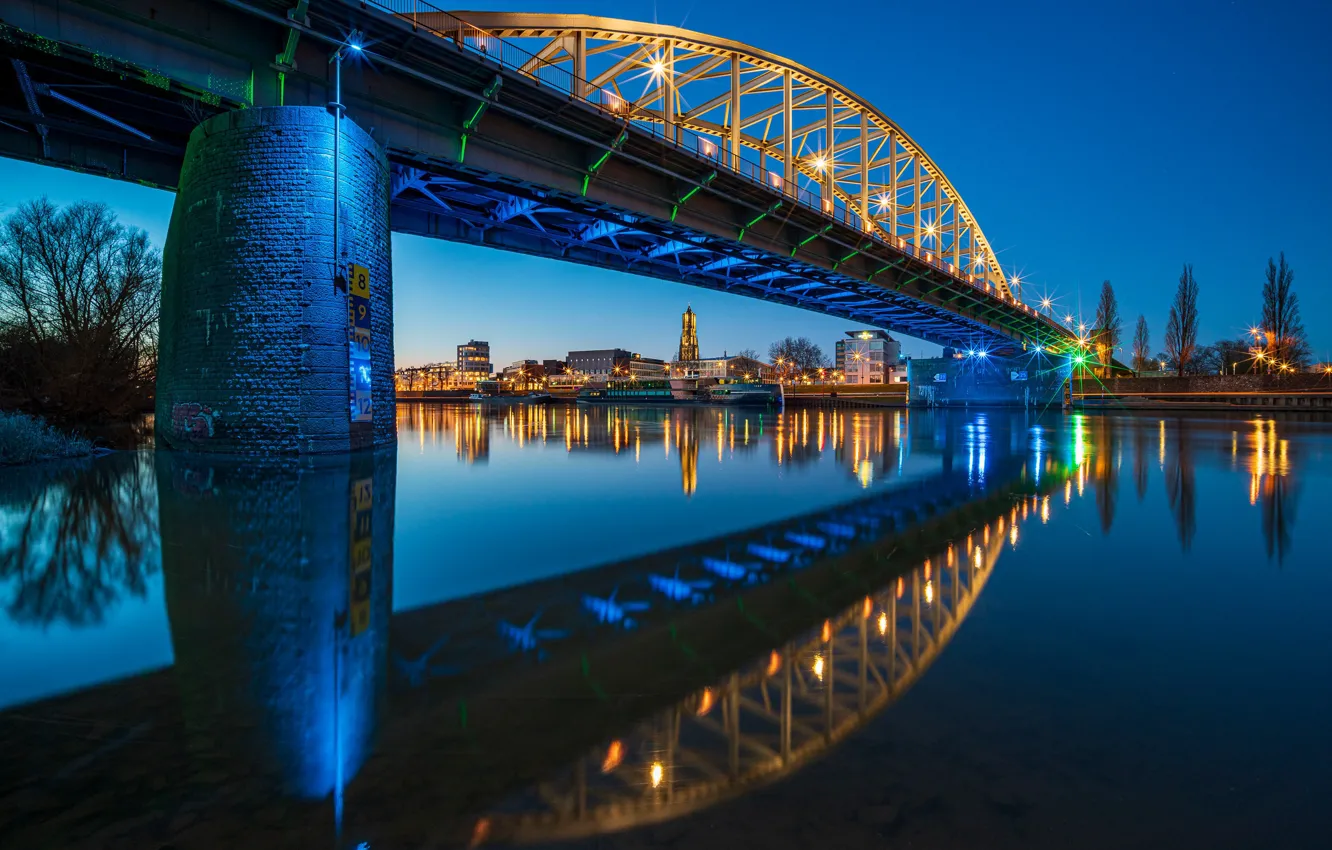 Photo wallpaper bridge, reflection, river, Netherlands, night city, Netherlands, Arnhem, John Frost Bridge