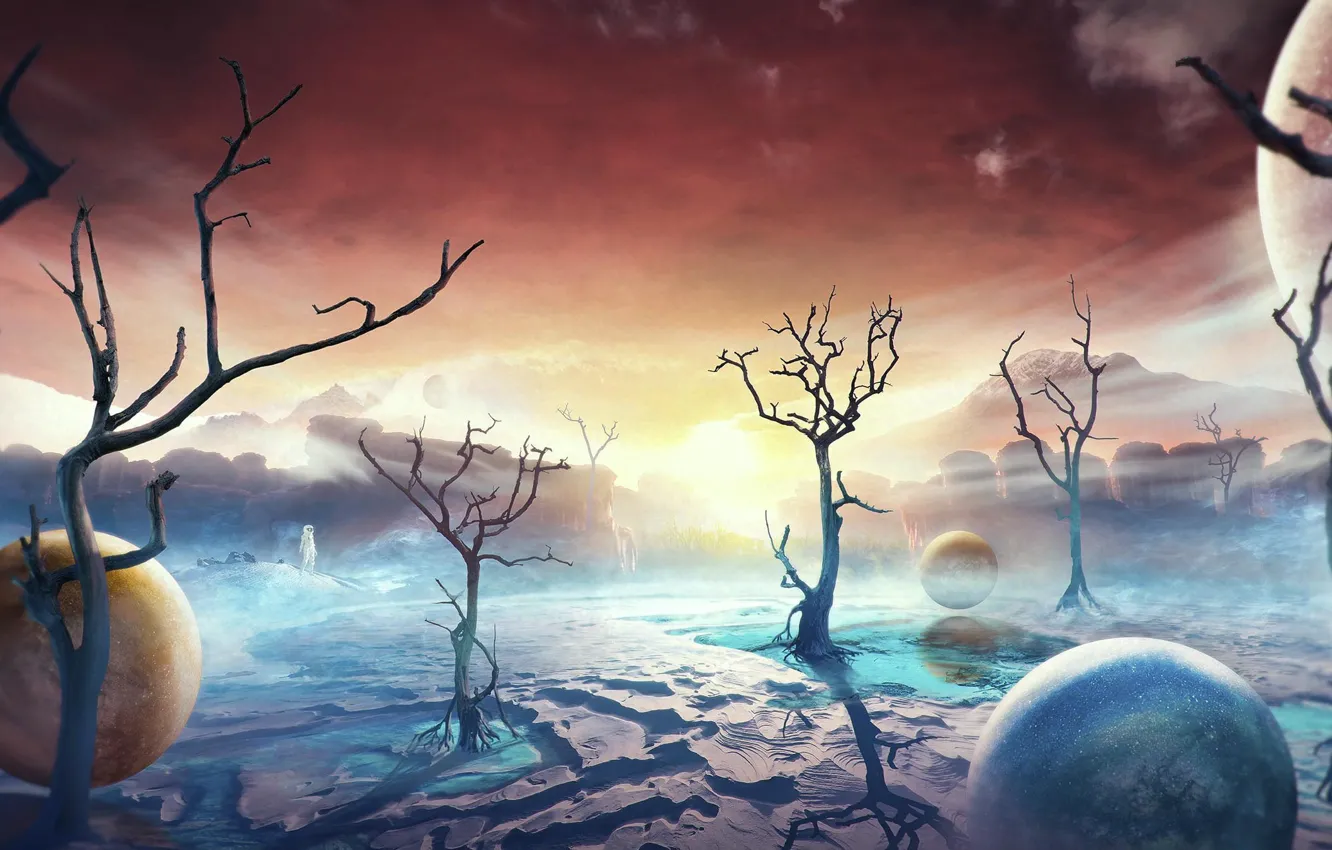 Photo wallpaper the sky, trees, mountains, balls, planet, astronaut
