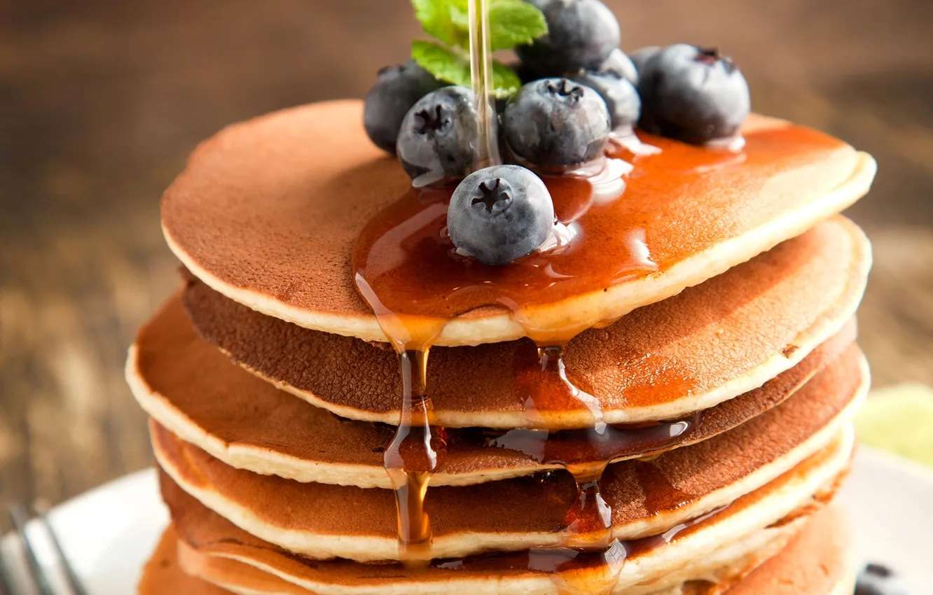 Photo wallpaper berries, food, blueberries, honey, pancakes, blueberries, pancakes, pancakes