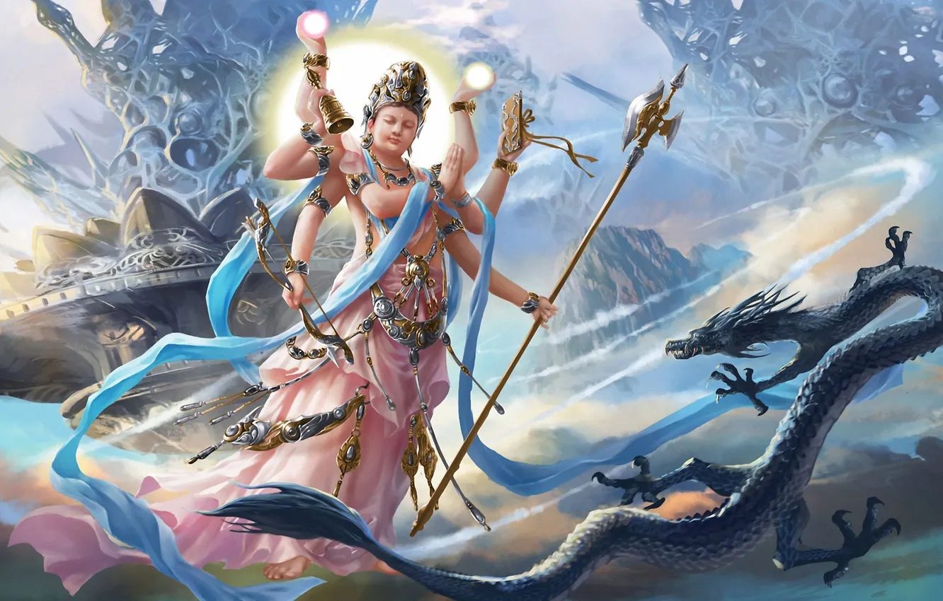 Photo wallpaper figure, bow, fantasy, snakes, bell, deity, mythology, Vishnu