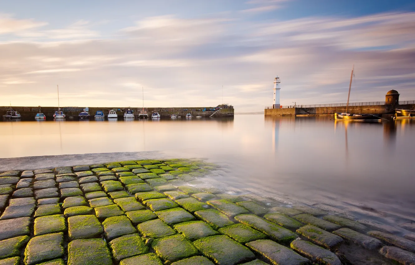 Photo wallpaper sea, lighthouse, Bay, boat, Scotland, the breakwater, Newhaven