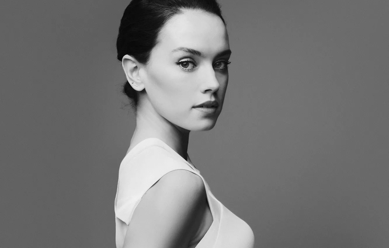 Photo wallpaper look, girl, pose, black and white, Daisy Ridley