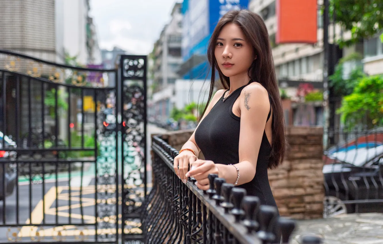 Photo wallpaper look, girl, fence, Asian