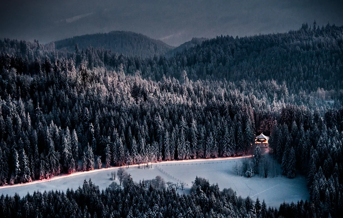 Photo wallpaper winter, road, forest, mountains, house, the evening, ate, twilight