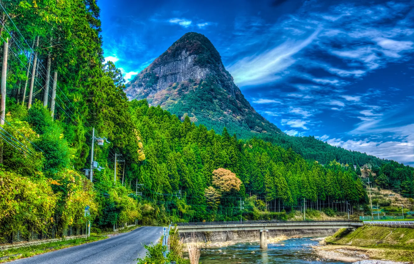 Photo wallpaper road, greens, forest, the sky, clouds, trees, mountains, bridge