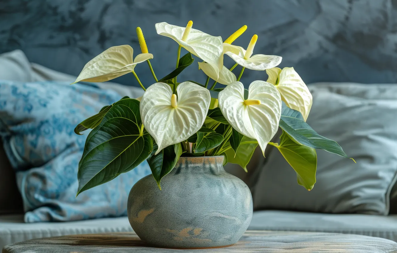 Photo wallpaper leaves, flowers, table, room, sofa, interior, bouquet, pillow