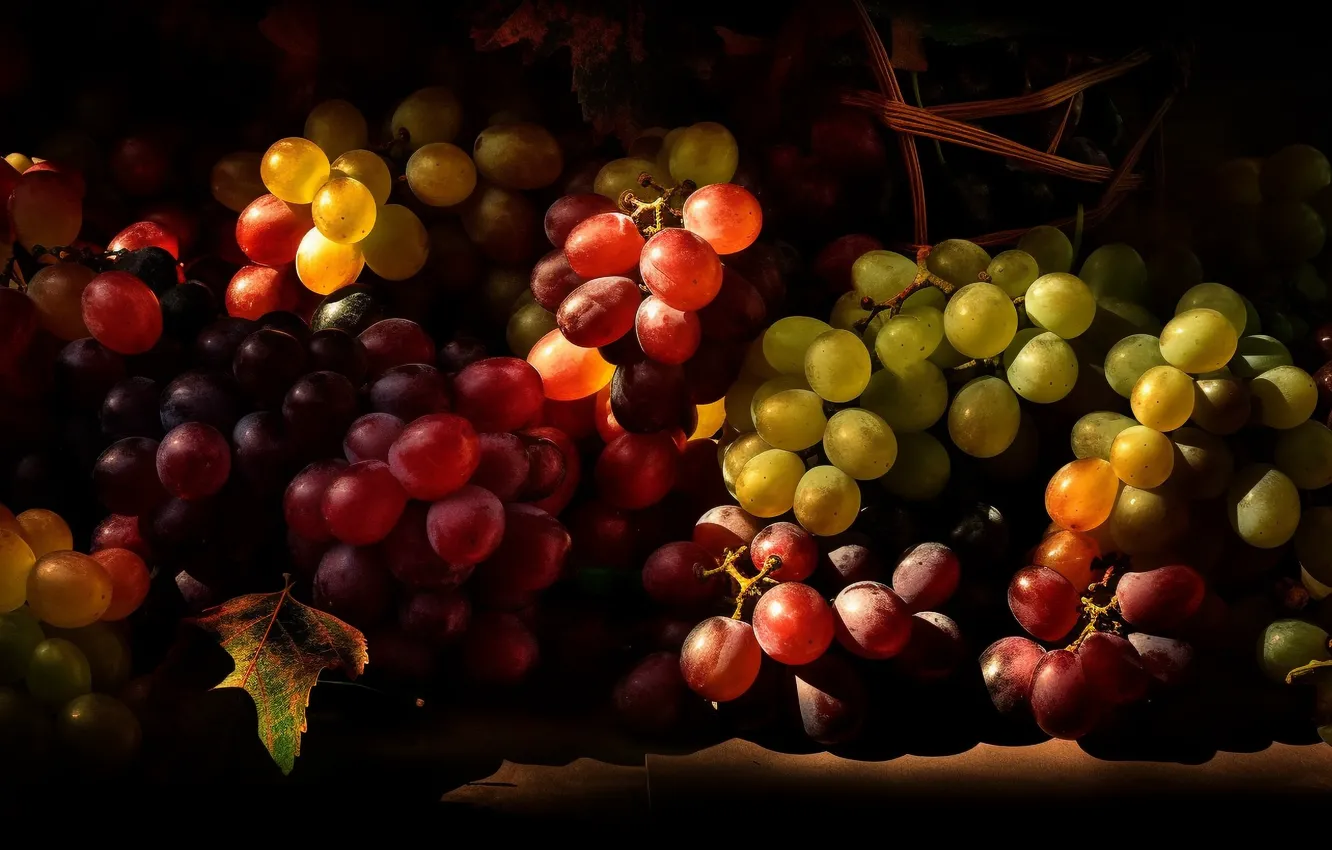 Photo wallpaper leaves, grapes, bunches of grapes, bunch of grapes, AI art, neural network