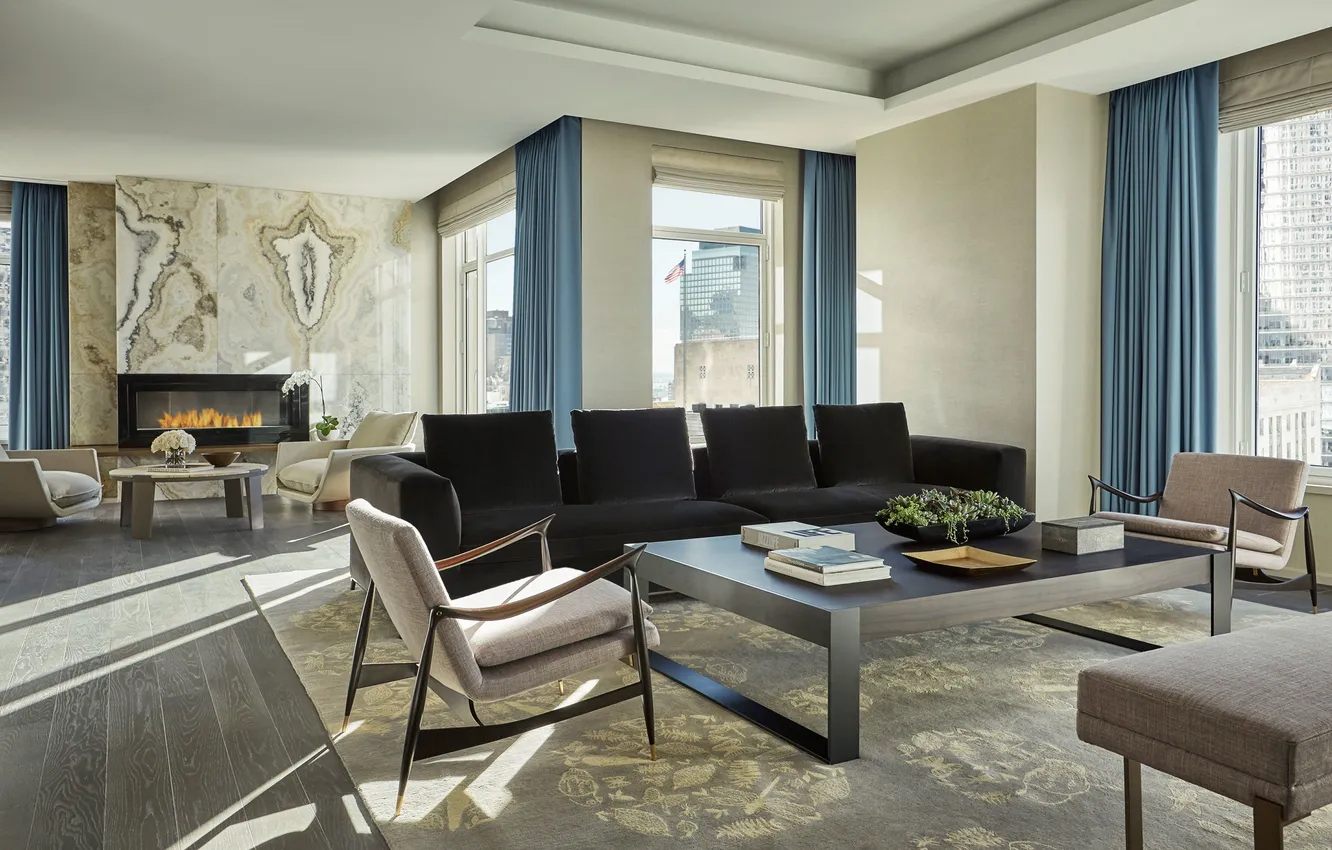 Photo wallpaper design, style, interior, fireplace, megapolis, upholstered furniture, luxury living room