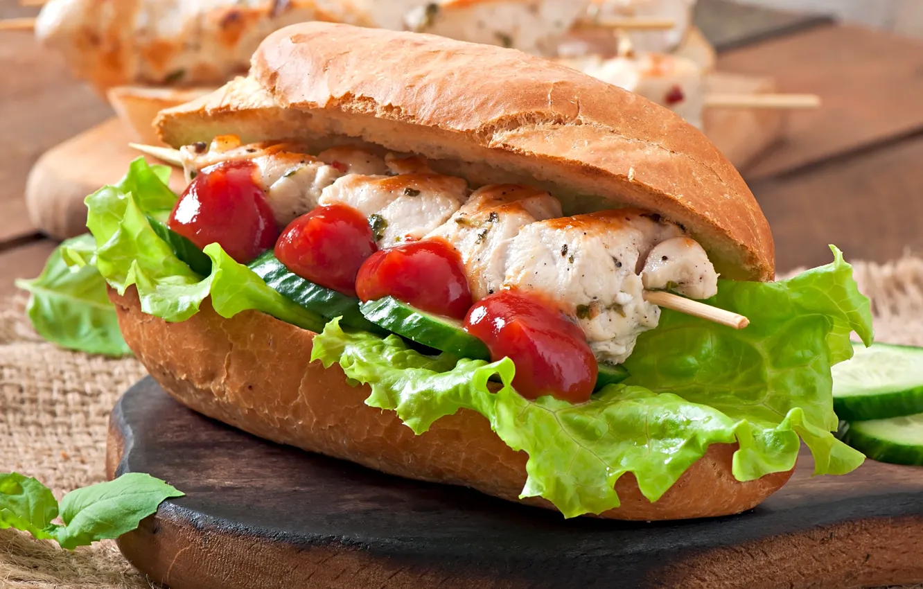 Photo wallpaper table, food, bread, meat, sauce, ketchup, stand, kebab