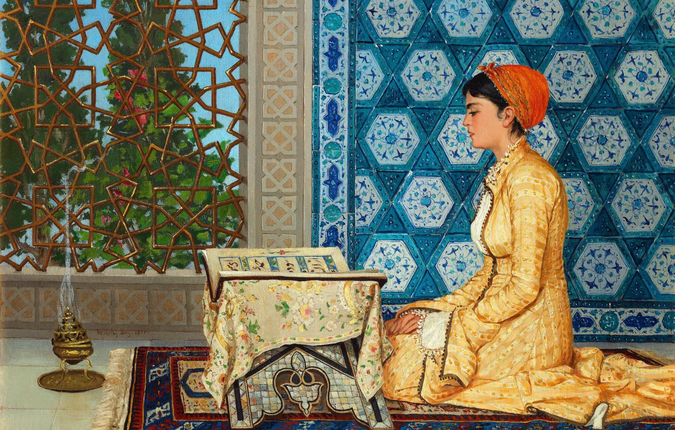 Photo wallpaper girl, picture, book, Osman Hamdi Bey, Reading young woman, Osman Hamdi Bey, Turkish painter