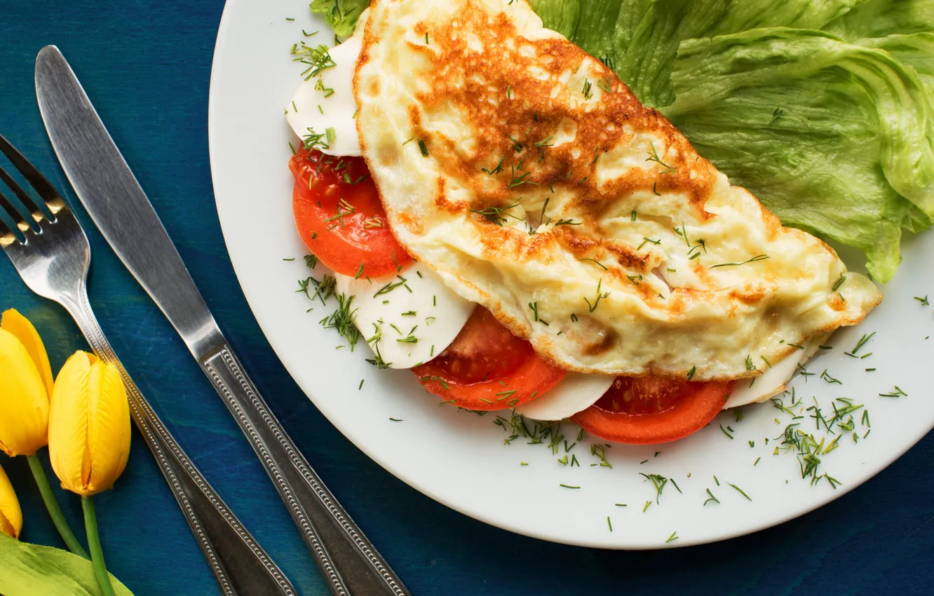 Photo wallpaper flowers, table, food, dill, plate, pie, knife, tulips