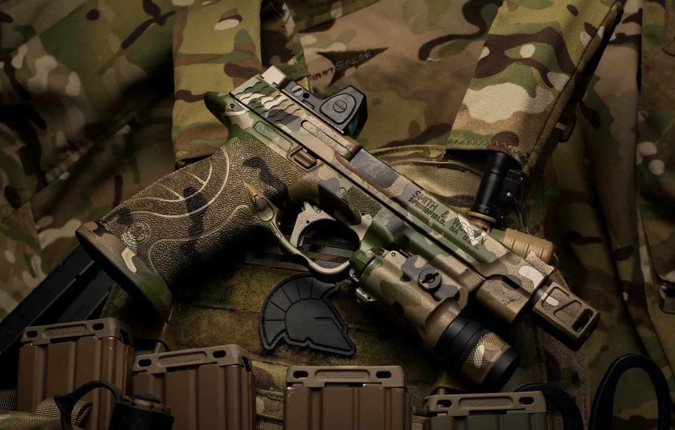Photo wallpaper gun, background, flashlight, camouflage