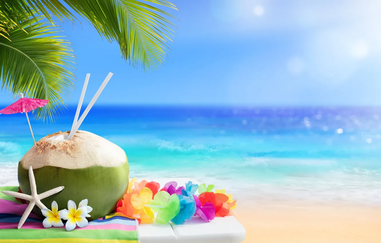 Photo wallpaper sand, sea, beach, summer, the sky, flowers, palm trees, shore
