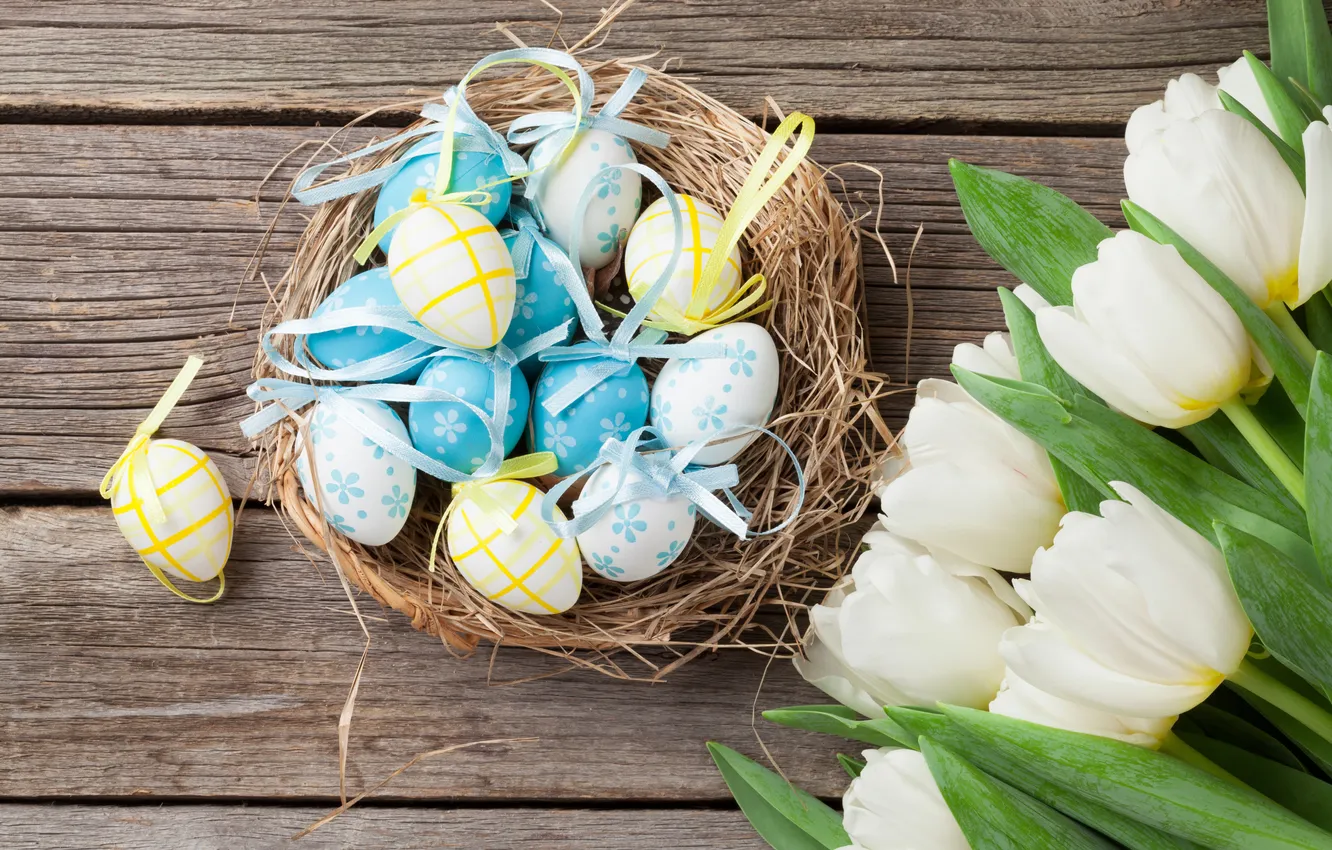 Photo wallpaper flowers, eggs, spring, Easter, white, wood, blue, flowers