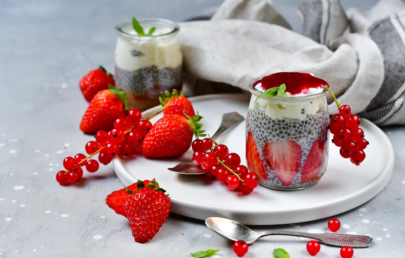 Photo wallpaper berries, Breakfast, strawberry, dessert, strawberry, pudding, Chia