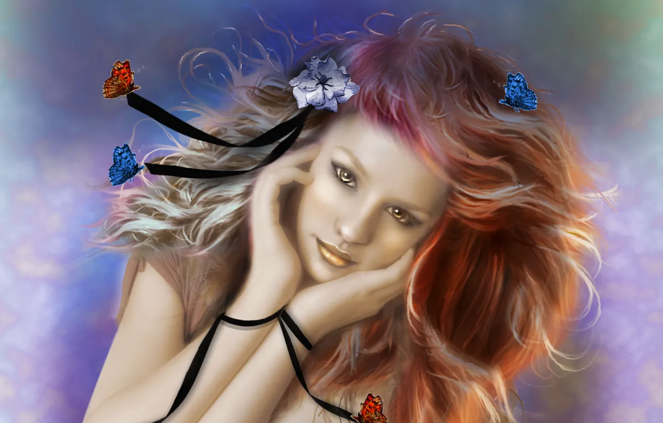 Photo wallpaper flower, look, girl, butterfly, face, background, hair, hands