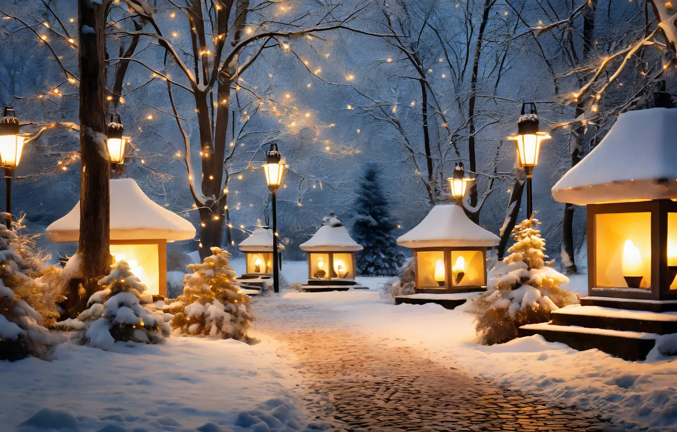 Photo wallpaper winter, snow, night, new year, Christmas, lights, Christmas, night