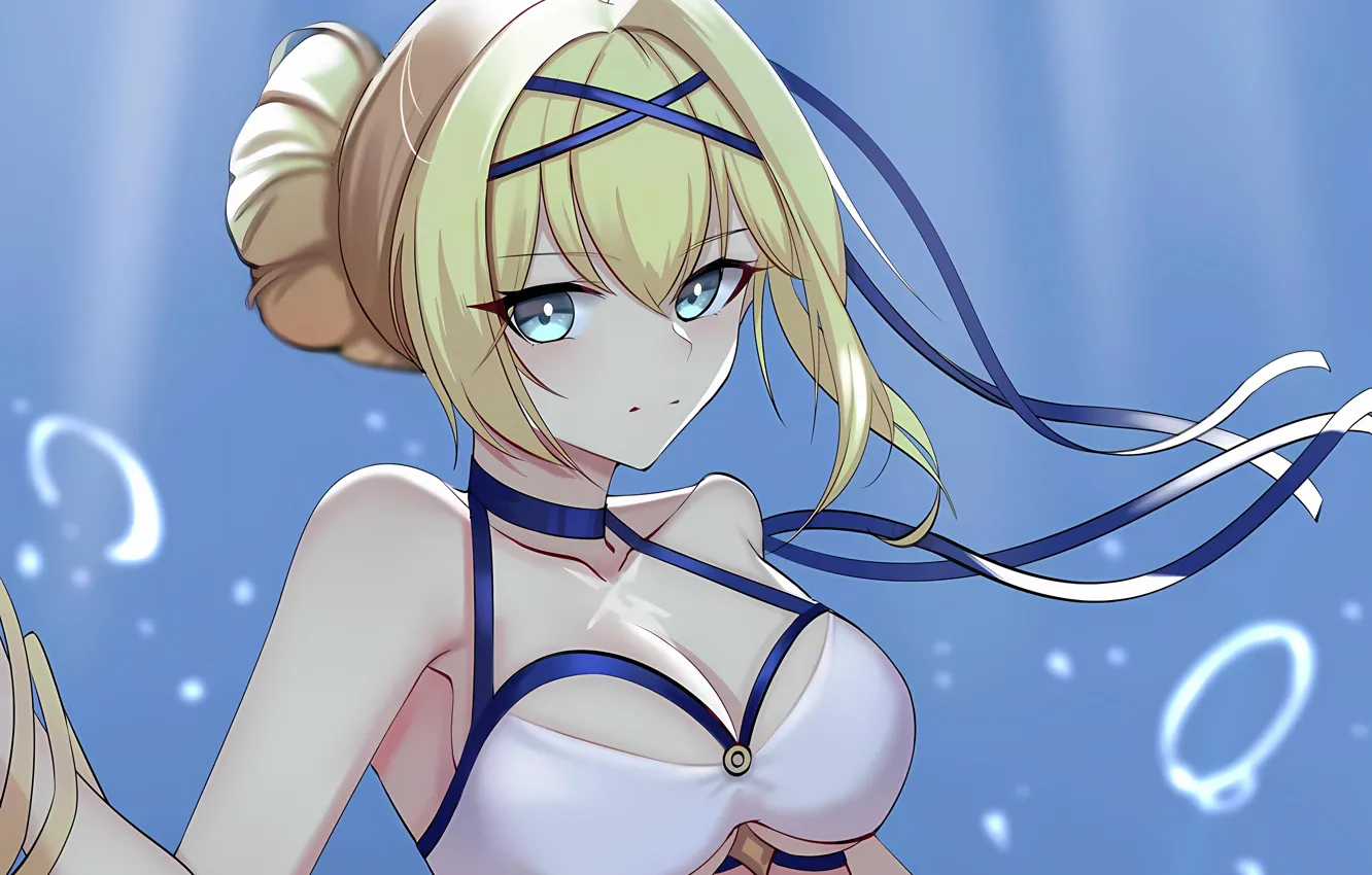 Photo wallpaper girl, sexy, cleavage, boobs, anime, blue eyes, beautiful, ribbons