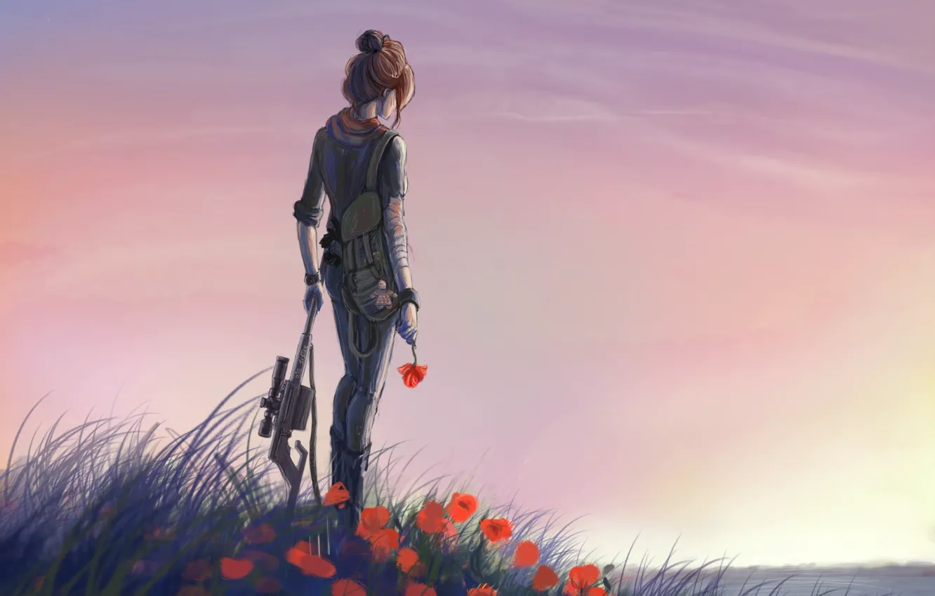 Photo wallpaper grass, water, girl, flowers, red, river, weapons, glade