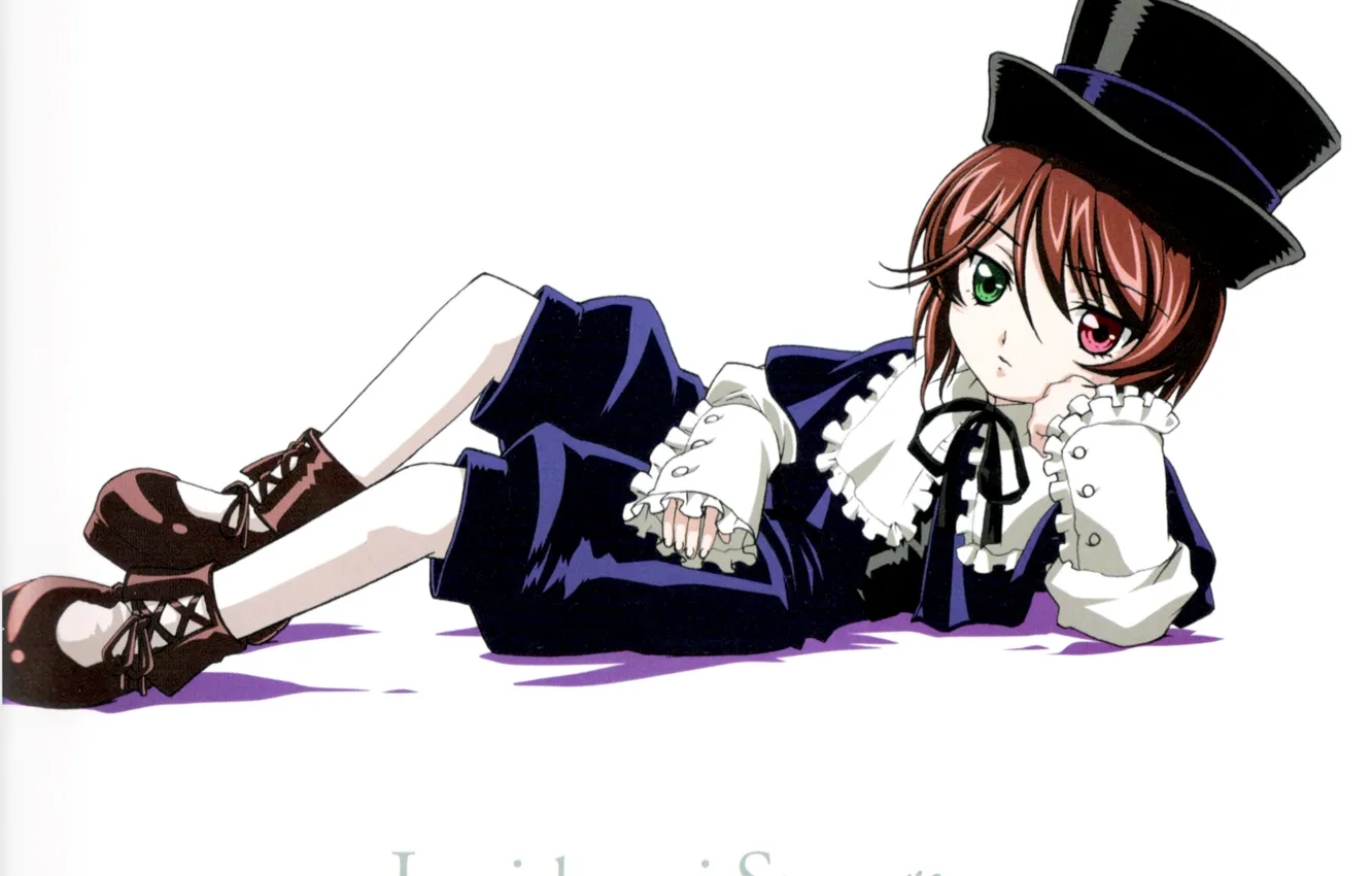 Photo wallpaper white background, rozen maiden, art, cylinder, different eyes, peach-pin, Souseiseki