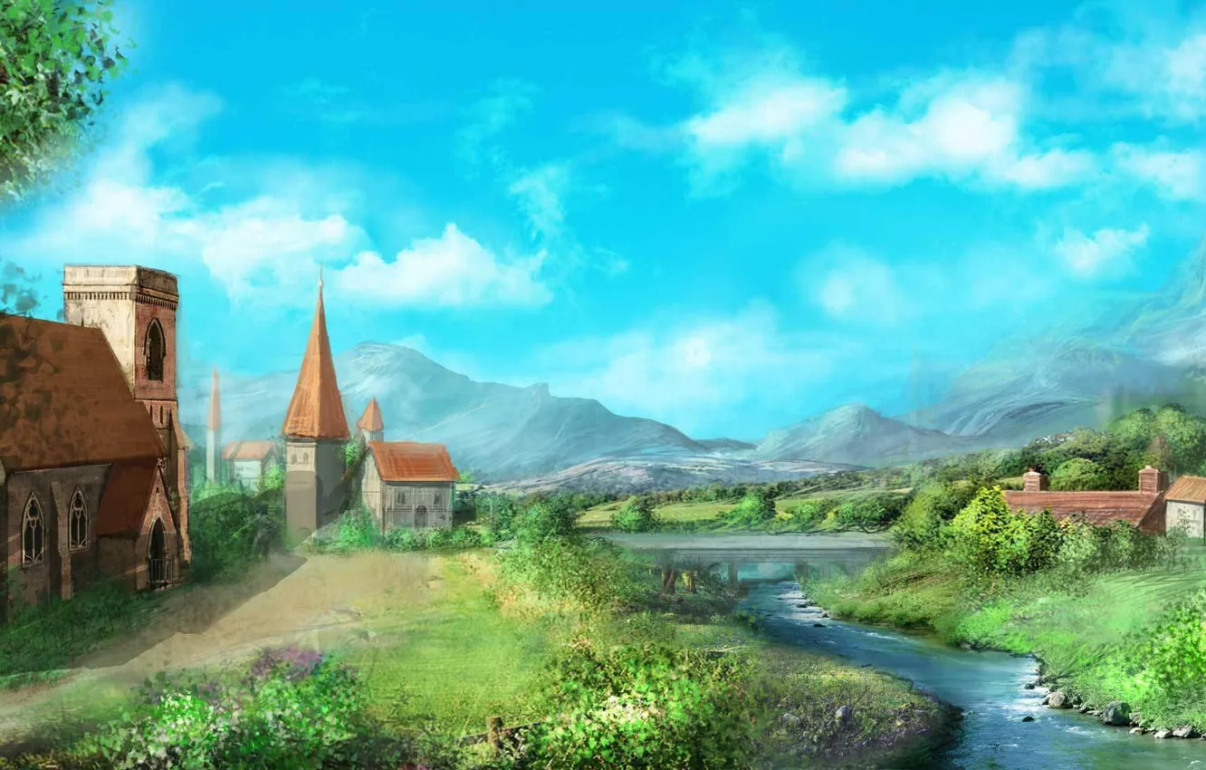 Photo wallpaper greens, mountains, river, home, art, town