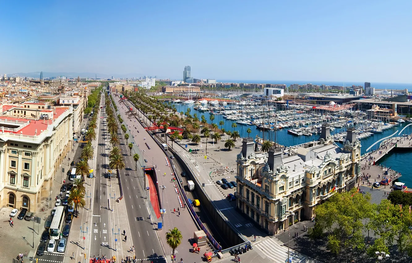 Photo wallpaper road, palm trees, street, boat, home, Spain, promenade, Barcelona