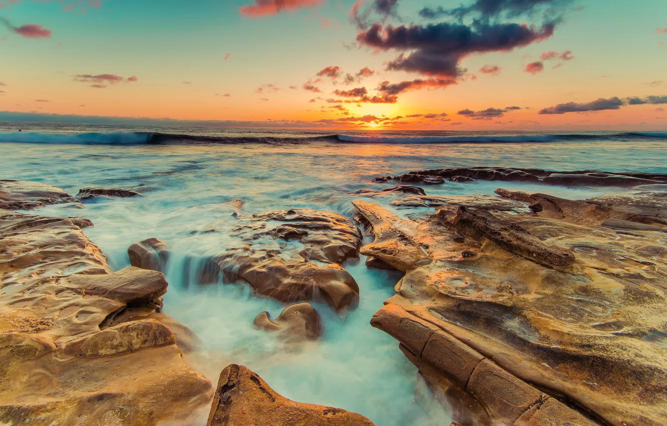 Photo wallpaper sea, the sky, the sun, sunset, stones, coast, horizon, surf