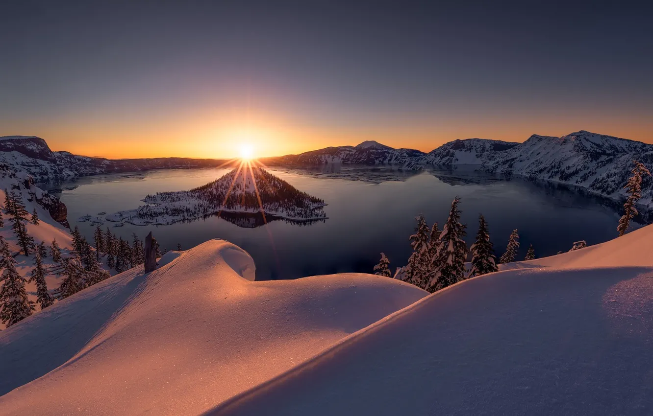 Photo wallpaper winter, snow, sunset, lake, Oregon, the snow, Oregon, Crater Lake