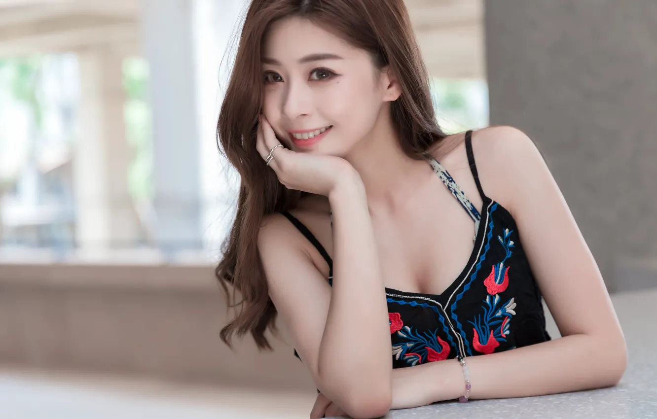Photo wallpaper girl, face, pose, smile, portrait, hands, Asian