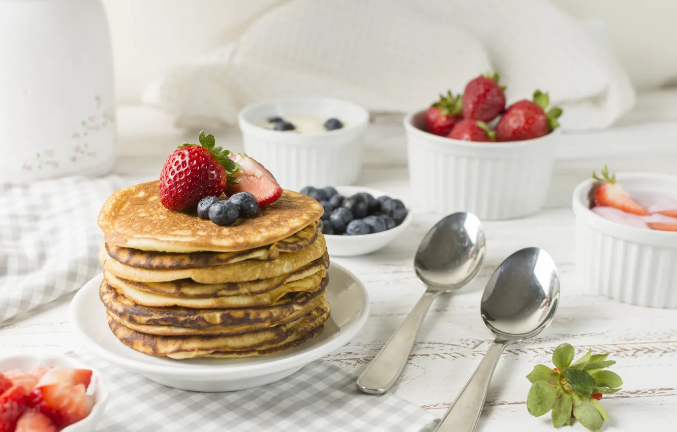 Photo wallpaper berries, food, Breakfast, pancakes