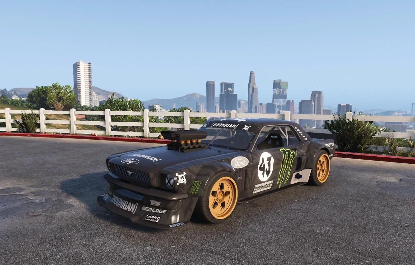 Photo wallpaper black, the fence, Mustang, Ford, skyscrapers, the bushes, 1965, GTA 5